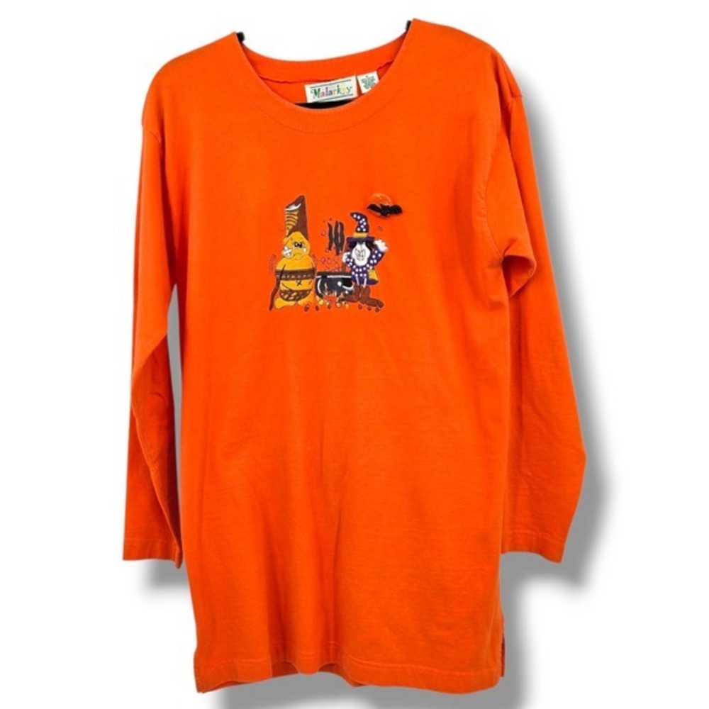 Vintage Malarkey Halloween T Shirt Witch Scarecrow Orange Long Sleeve Top Medium